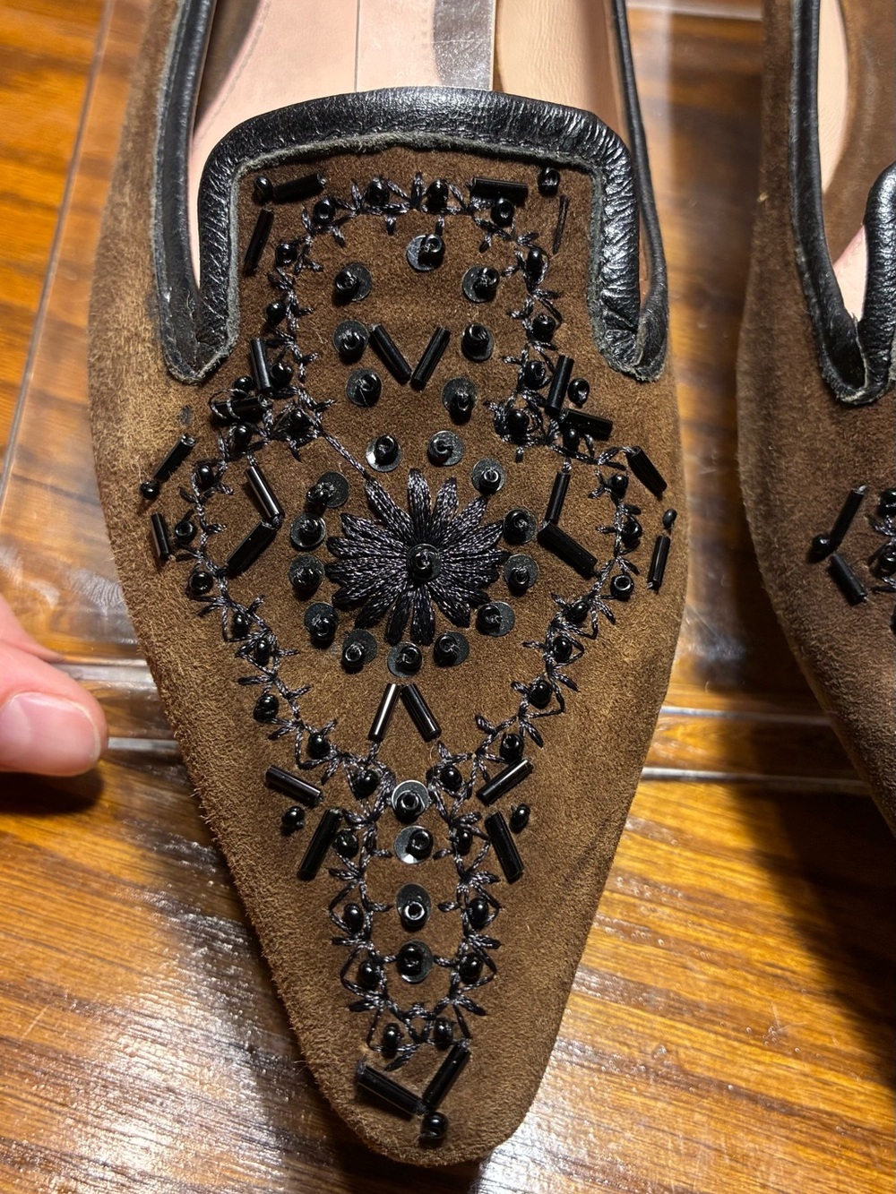 Y2K VTG Oscar de la Renta Oscar Beaded Suede Smoking Loafers Brown Black Size 9 - Picture 9 of 11